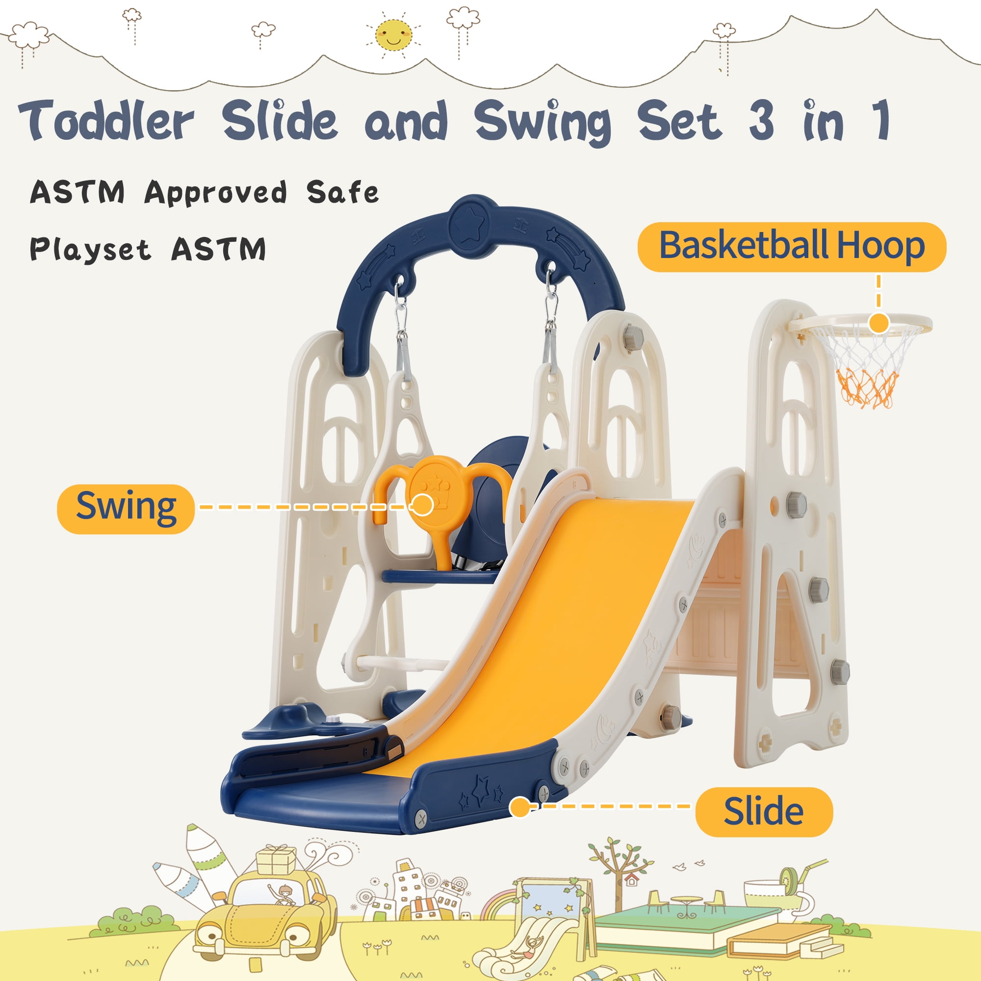 Toddler Slide and Swing Set 3 in 1,Kids Playground Climber Slide Playset with Basketball Hoop,Alphabet Themed Slide, Freestanding Combination for Babies