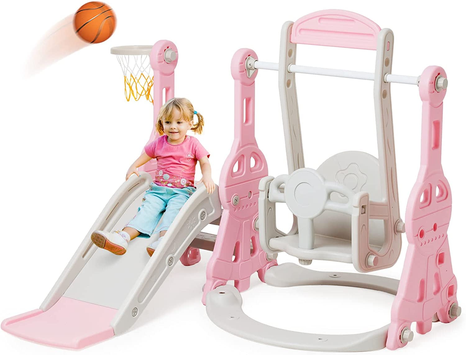 4 in 1 Toddler Slide and Swing Set with Climber, Basketball Indoor