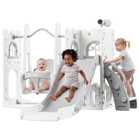 Toddler Slide and Swing Set 9-in-1 HDPE Freestanding Indoor Outdoor Playground with Climbing and Baby Swing, Playset for Backyard Garden Gray White