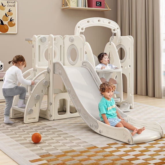 Toddler Slide and Swing Set, Kids Climber Slide Play Set with Basketball Hoop, Toddler Playground Indoor Layground Slide Playset