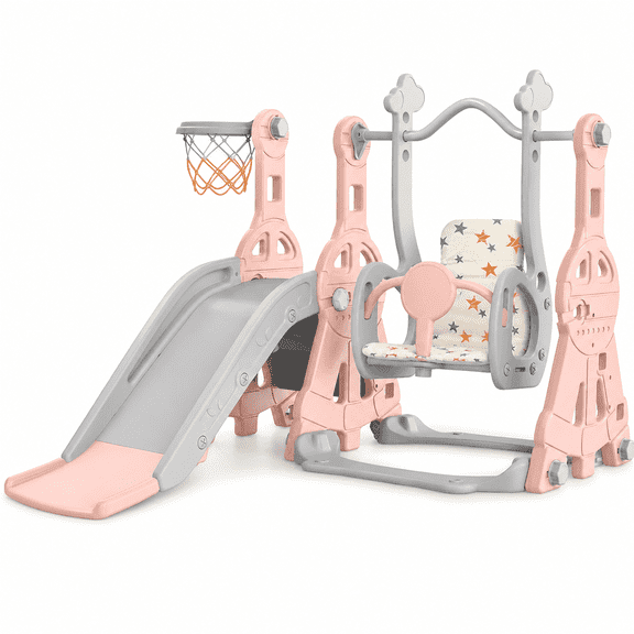 DKMOCO 4-in-1 Toddler Slide and Swing Set, Indoor Outdoor Kids Playground with Basketball Hoop, Climber Activity Playset for Toddlers Ages 1-2, Pink Gray