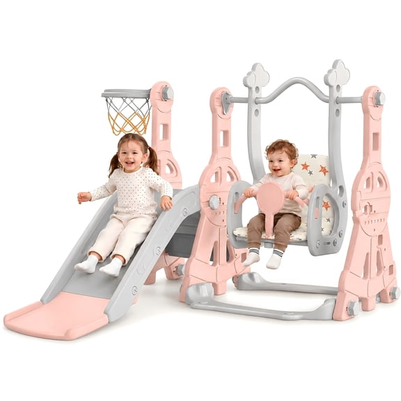 DKMOCO 4-in-1 Toddler Slide and Swing Set, Indoor Outdoor Kids Playground with Basketball Hoop, Climber Activity Playset for Toddlers Ages 1-2, Pink Gray