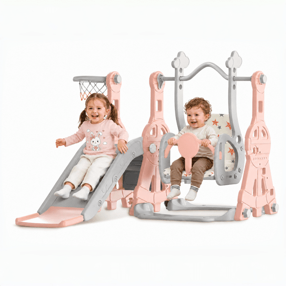 DKMOCO 4-in-1 Toddler Slide and Swing Set, Indoor Outdoor Kids Playground with Basketball Hoop, Climber Activity Playset for Toddlers Ages 1-2, Pink Gray