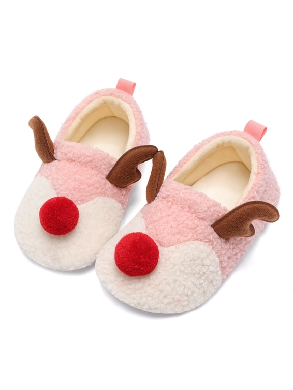 Toddler Christmas Reindeer Slippers for Boys Girls Warm Fuzzy House Shoes