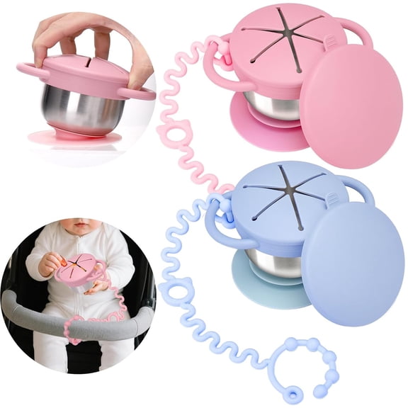 Toddler Snack Cups Stainless Steel for Kids, 2 Pack 5-in-1 Snackle Containers with Spill-Proof Silicone Lids,Handles,Suction Base,Anti-Loss Tether, Baby Snack Box No-Spill for On-the-Go,Travel