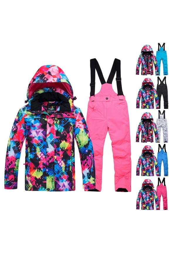 Toddler Snow Suit 6-14Years Children Girls Boys Ski Suit Outdoor Windproof Waterproof Puffer Hooded Jacket Warm Thickened Velvet Jumpsuits