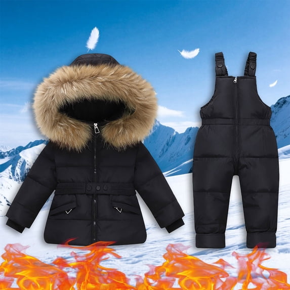 Toddler Snow Suit Boys And Girls Winter Fashion Outdoor Children's Hooded Thick Warm Printed Ski Suit Set Kids Winter Clothes Zip Up Jacket Trench Coat Cute pants,1-6years