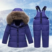 Toddler Snow Suits Boys Girls Hooded Down Jacket & Ski Bib Pants Set Baby Snowsuit Coat Infant Winter Jumpsuit Fashion Casual Solid Color Warm Pants Clearance