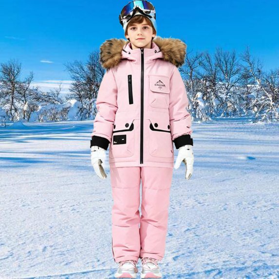 Toddler Snowsuit Children's Solid Color Thick Down Jacket With A Large Collar Waterproof Snow-proof Outdoor Sports Daily Winter And Warm Ski Set，1-5years