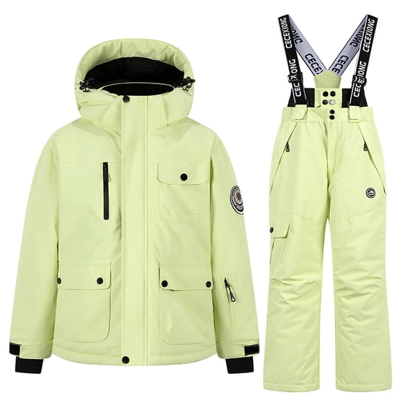 Toddler Snowsuit Children's Winter Cute Thick Waterproof Windproof And Warm Light Hooded Long Sleeved Top+suspender Ski Pants Equipment Two-piece Set For Kids,3-14years