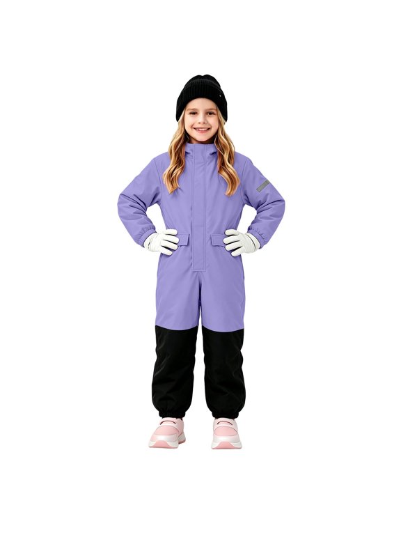 Toddler Snowsuit One Piece Ski Suit Hooded Reflective Reinforced Knees Waterproof Windproof Beginner Snow Play Outfit,4-12Years