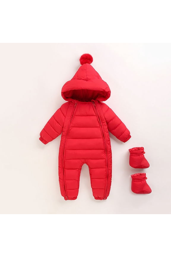 Toddler Snowsuit Puffer Romper Hooded Coat for Toddler Winter Jacket Solid Color Long Sleeve for Toddler Boys 12-18 Months