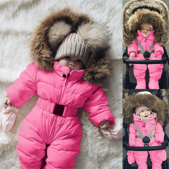 Toddler Snowsuit Warm Hooded Puffy Coat Jacket Footed Romper for Toddler Boys Girls Down Jacket Set Long Sleeve Windproof Baby Winter Clothes 6-9 Months