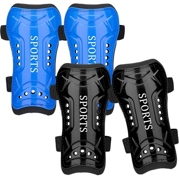 Toddler Soccer Shin Guards, 2 Pairs, Adjustable Double Strap, 4-12 Years (Black+Blue)