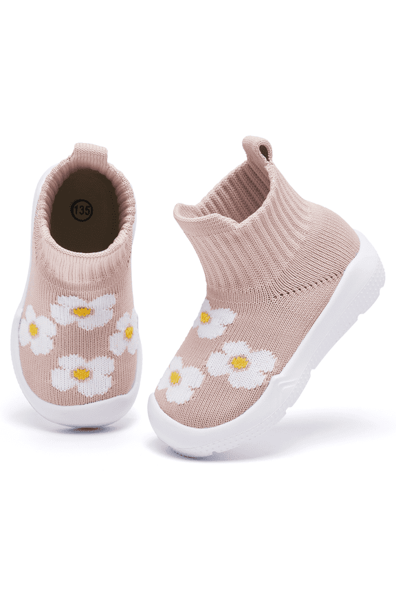 Toddler Sock Shoes Baby Walking Shoes Infant Slippers Boys & Girls Non-Slip Sneakers Beige Flower 6-9 Months