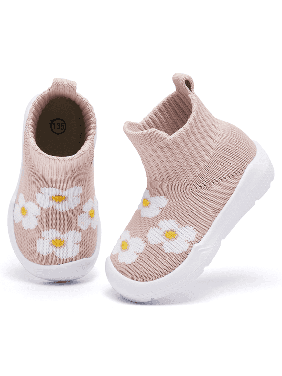 Toddler Sock Shoes Baby Walking Shoes Infant Slippers Boys & Girls Non-Slip Sneakers Beige Flower Size 7