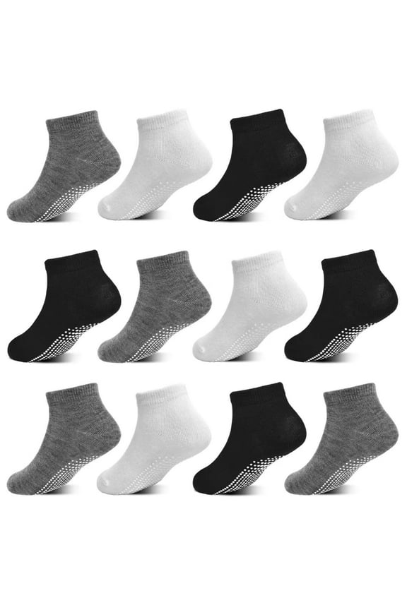 Toddler Socks, 12 Pairs Kids Breathable Athletic Ankle Socks for Boys Girls 1-7 Years, Low Cut Socks(01 Black+white+grey,1-3T)