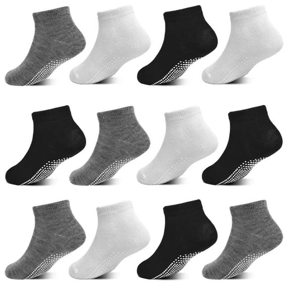 Toddler Socks, 12 Pairs Kids Breathable Athletic Ankle Socks for Boys Girls 1-7 Years, Low Cut Socks(01 Black+white+grey,5-7 Years)