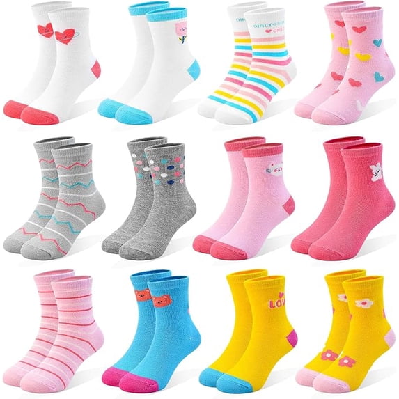 Toddler Socks 12 Pairs Kids Cartoon Socks for Girls 1-7 Years Old Crew Socks Set