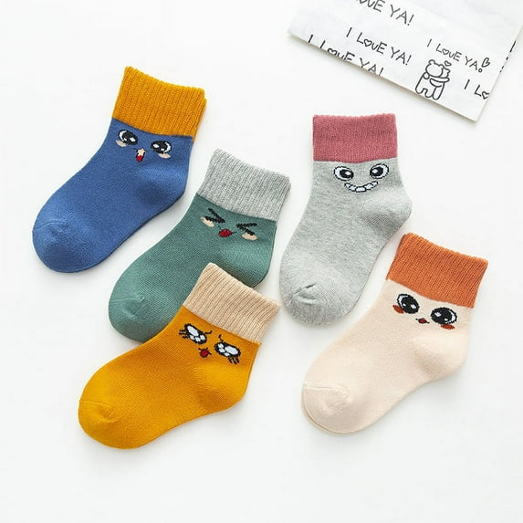Toddler Socks, 5 Packs in 1 Set for Kids Baby Girls Boys, Fashion Cartoon Cute Fuzzy Cotton Non Skid Gripper Ankle Crew Socks (L Size for 4-6T, Fun Faces Pattern)