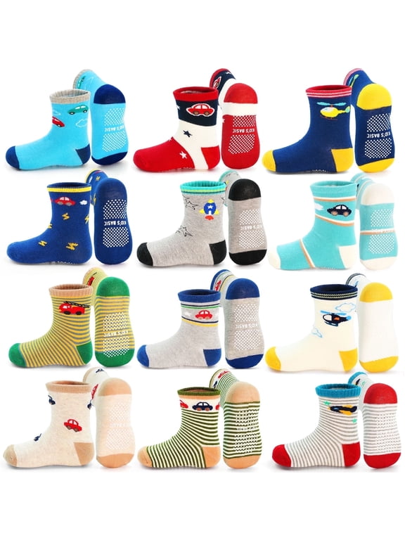 Toddler Grip Socks for Boys 12 Pairs Non Slip Baby Boy Sock with Grippers 1-7 Years Anti Skid Kids Crew Socks