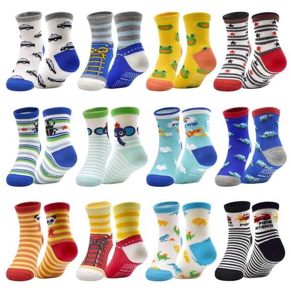 Toddler Grip Socks for Boys 12 Pairs Non Slip Baby Boy Sock with Grippers 1-7 Years Anti Skid Kids Crew Socks