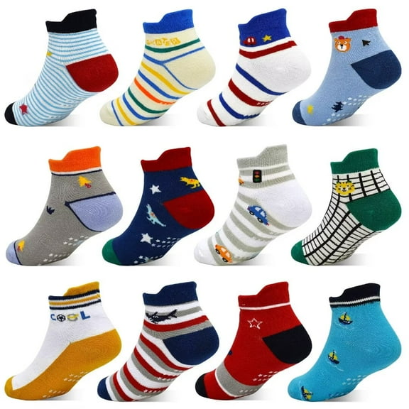 Toddler Socks Boys, Non Slip 12 Pairs Kids Ankle Socks with Grippers for 1-7 Years Children(01 Boys,1-3T)