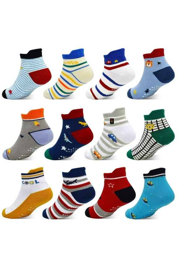 Toddler Socks Boys, Non Slip 12 Pairs Kids Ankle Socks with Grippers for 1-7 Years Children(01 Boys,3-5T)