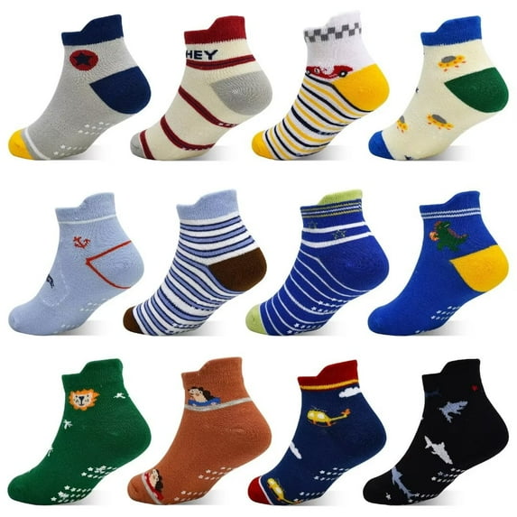 Toddler Socks Boys, Non Slip 12 Pairs Kids Ankle Socks with Grippers for 1-7 Years Children(02 Boys,5-7 Years)