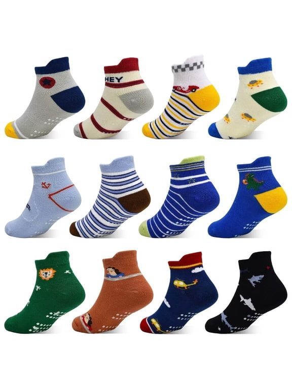 Toddler Socks Boys, Non Slip 12 Pairs Kids Ankle Socks with Grippers for 1-7 Years Children(02 Boys,5-7 Years)