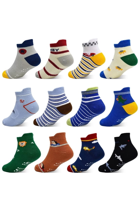 Toddler Socks Boys, Non Slip 12 Pairs Kids Ankle Socks with Grippers for 1-7 Years Children(02 Boys,5-7 Years)