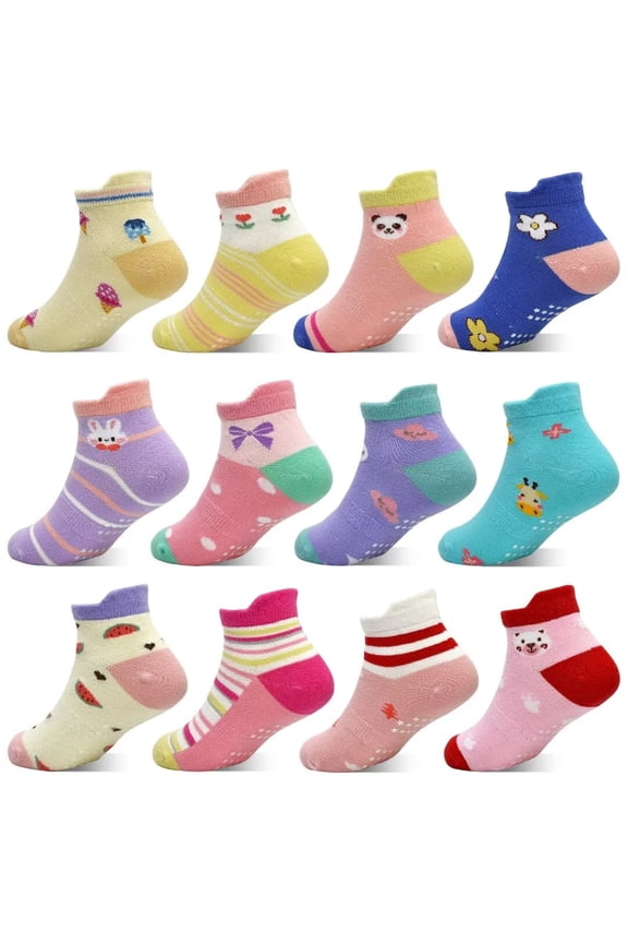 Toddler Socks Girls, Non Slip 12 Pairs Kids Ankle Socks with Grippers for 1-7 Years Children(02 Girls,1-3T)