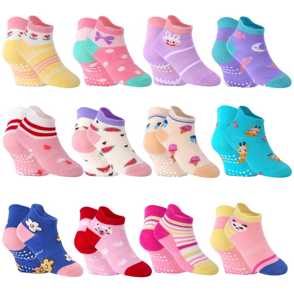 Toddler Socks Girls, Non Slip 12 Pairs Kids Ankle Socks with Grippers for 1-7 Years Children(02 Girls,5-7 Years)