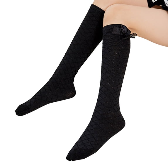 Toddler Socks,Kids Diamond Mesh Socks Combed Cotton Design Bow Mid-Tube Style Knee High Stockings,Kids Socks,Black,35