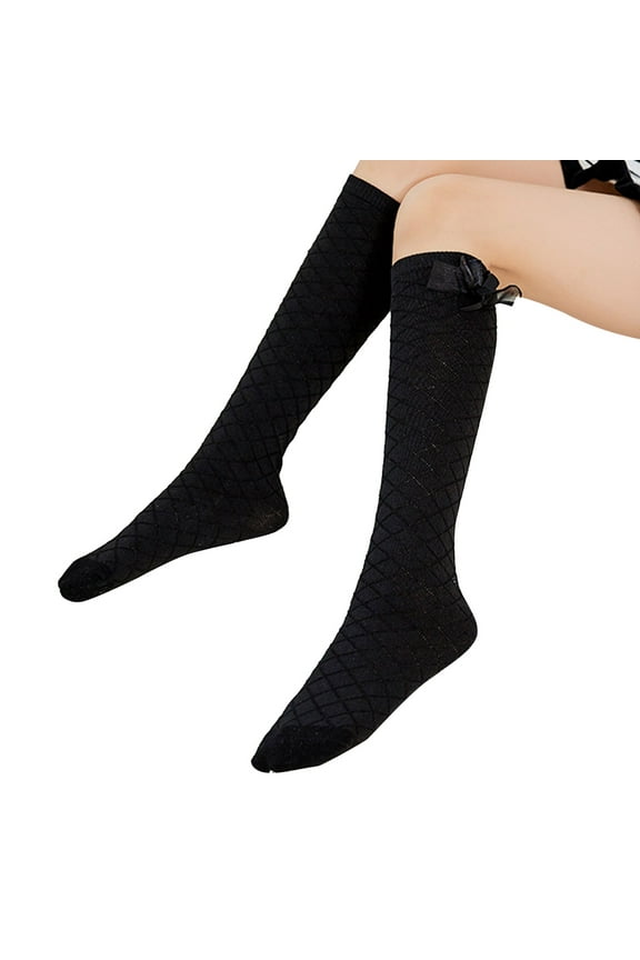 Toddler Socks,Kids Diamond Mesh Socks Combed Cotton Design Bow Mid-Tube Style Knee High Stockings,Kids Socks,Black,42