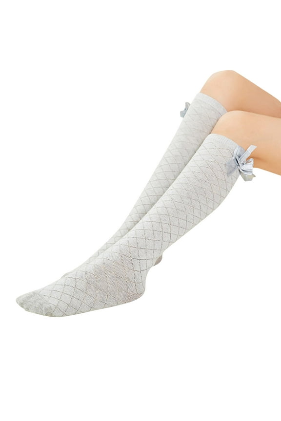 Toddler Socks,Kids Diamond Mesh Socks Combed Cotton Design Bow Mid-Tube Style Knee High Stockings,Kids Socks,Grey,35