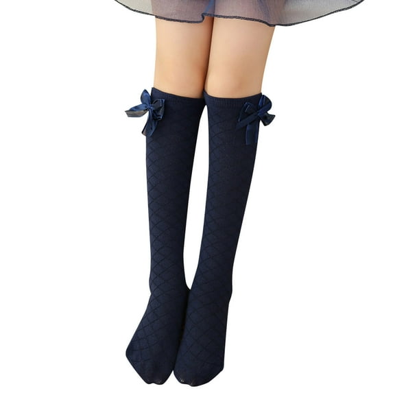 Toddler Socks - Kids Diamond Mesh Socks Combed Cotton Design Bow Mid-Tube Style Knee High Stockings - Kids Socks,Color:Navy,Size:42