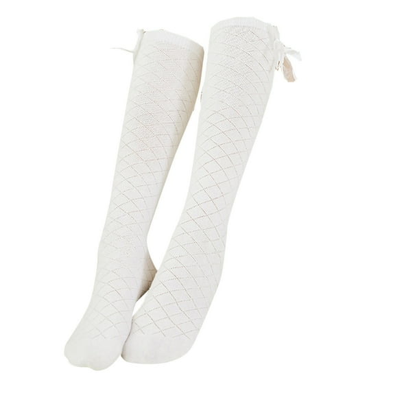 Toddler Socks - Kids Diamond Mesh Socks Combed Cotton Design Bow Mid-Tube Style Knee High Stockings - Kids Socks,Color:White,Size:28