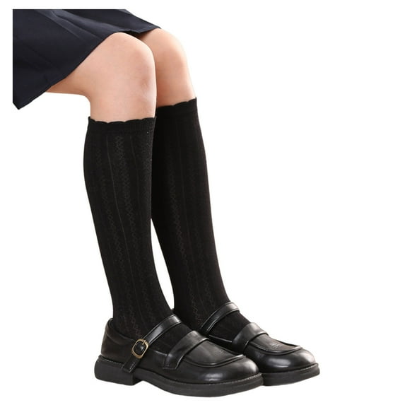 Hjtefg Girls' Knee-High Socks for School Season - Soft Breathable Solid Color Stockings with Lace Trim, Stretchable Kids' Socks,Color: Black Size: 5-7 Years