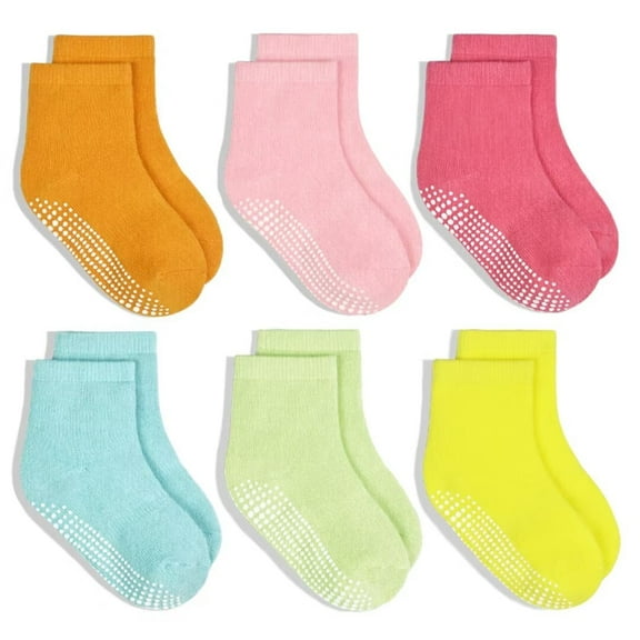 Toddler Socks with Grip, 6 Pairs Non Slip Crew Socks Anti Skid Socks for Girls 1-7 Years（01 Bright Color 1-3T）