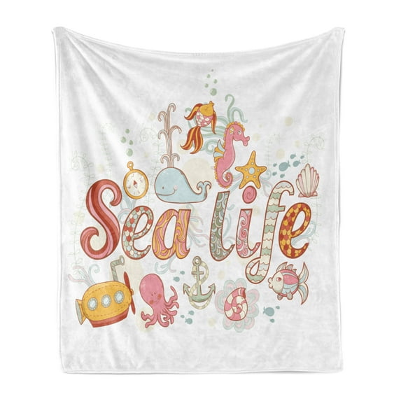 Toddler Soft Flannel Fleece Throw Blanket, Sea Life Theme Underwater Wildlife Creatures Animals Cartoon Style Fantasy, Cozy Plush for Indoor and Outdoor Use, 50" x 60", Multicolor, by Ambesonne