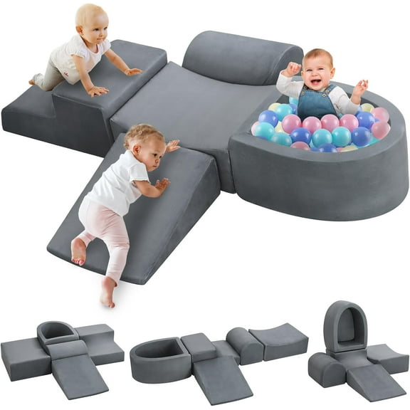 Toddler Soft Play Climbing Toys,5 Pcs Foam Climbing Blocks and Ball Pit for Toddlers,Kids Baby Climbing Blocks Foam Indoor Playground Gym Set Grey