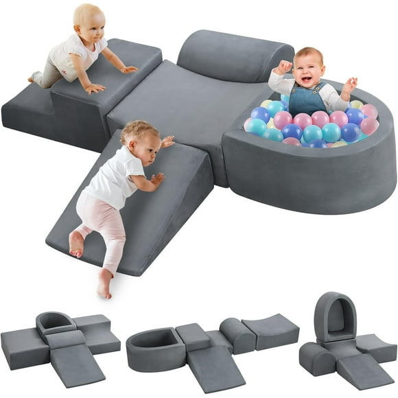 Toddler Soft Play Climbing Toys,5 Pcs Foam Climbing Blocks and Ball Pit for Toddlers,Kids Baby Climbing Blocks Foam Indoor Playground Gym Set Grey