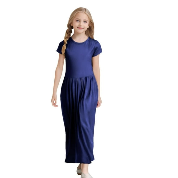 Toddler Spring Dress Girl's Short Sleeve Solid Color Loose Casual Long Maxi Dress Girls' Dresses Navy 4-5Years