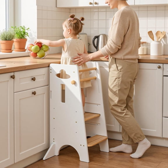 Toddler Standing Tower Adjustable Height (NO Wide Back Panel) - Super Stable Toddler Kitchen Stool Helper - 3 Levels Adjustable Wooden Kids Kitchen Stool (Natural & White)