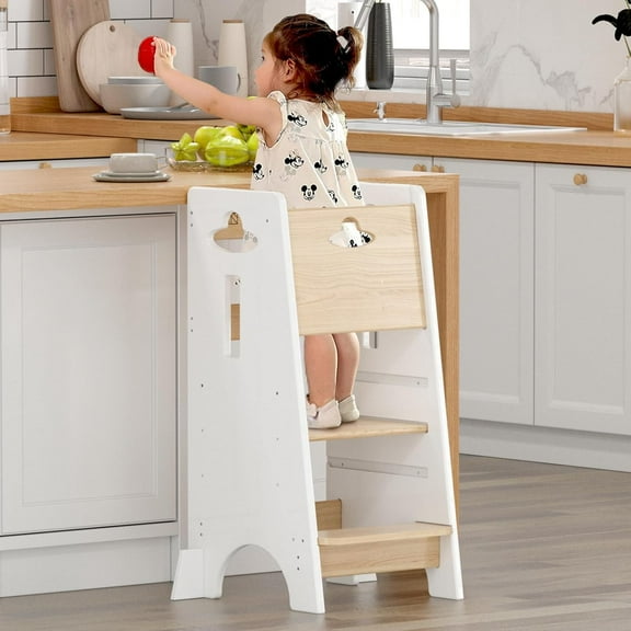 Toddler Standing Tower Adjustable Height - Super Stable Kids Kitchen Stool Helper - 3 Levels Adjustable Wooden Toddler Kitchen Stool (Natural & White)
