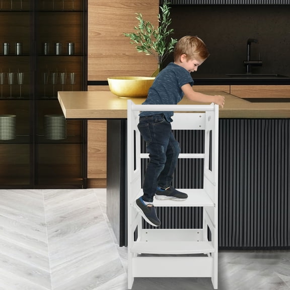 Toddler Standing Tower for Kitchen, Step Stool for Kid's Adjustable Height Learning Stool, Removable Anti-Drop Safety Rail Stool for Bedroom, Bathroom, White