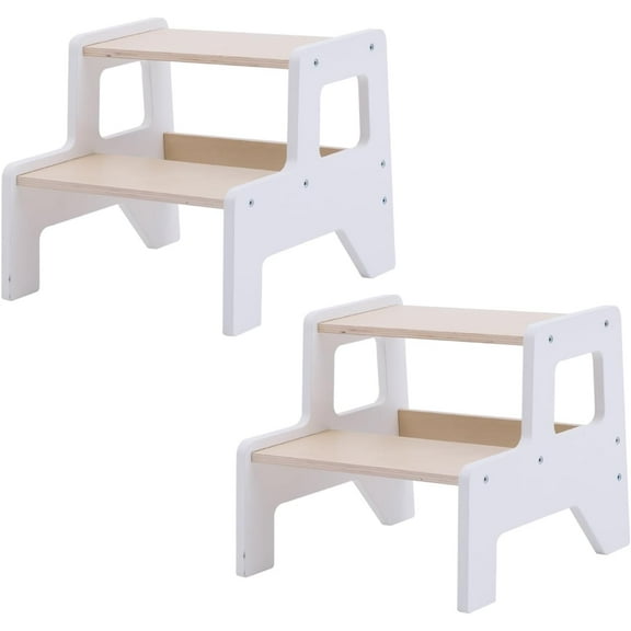 Toddler Step Stool, 2 Step Wooden Toddler Kitchen Stool Helper for Bathroom Sink, Toilet & Potty Training, 330lbs Capacity Stools for Kids with Safe Non-Slip Pads and Handles-Snowy White(2PCS)