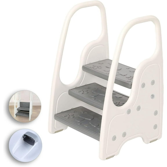 Toddler Step Stool for Bathroom Sink,Adjustable 3 Step Stool for Kids,Kitchen Standing Tower,Children Learning Helper Stool with Safety Handles and Non-Slip Pads,Grey