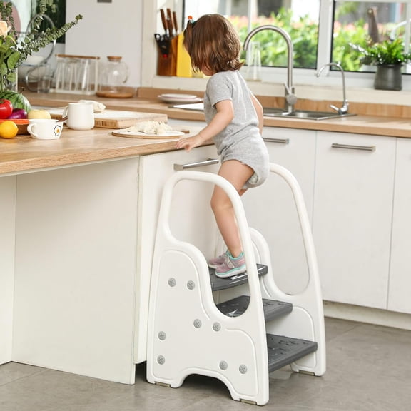Toddler Step Stool for Bathroom Sink, Adjustable 3 Step Stool for Kids, Kitchen Standing Tower, Children Learning Helper Stool with Safety Handles and Non-Slip Pads, Grey
